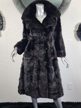 ALASKAN FURS~XS/S~VINTAGE LONG GLOSSY BLACK BROWN GENUINE REAL MINK FUR COAT